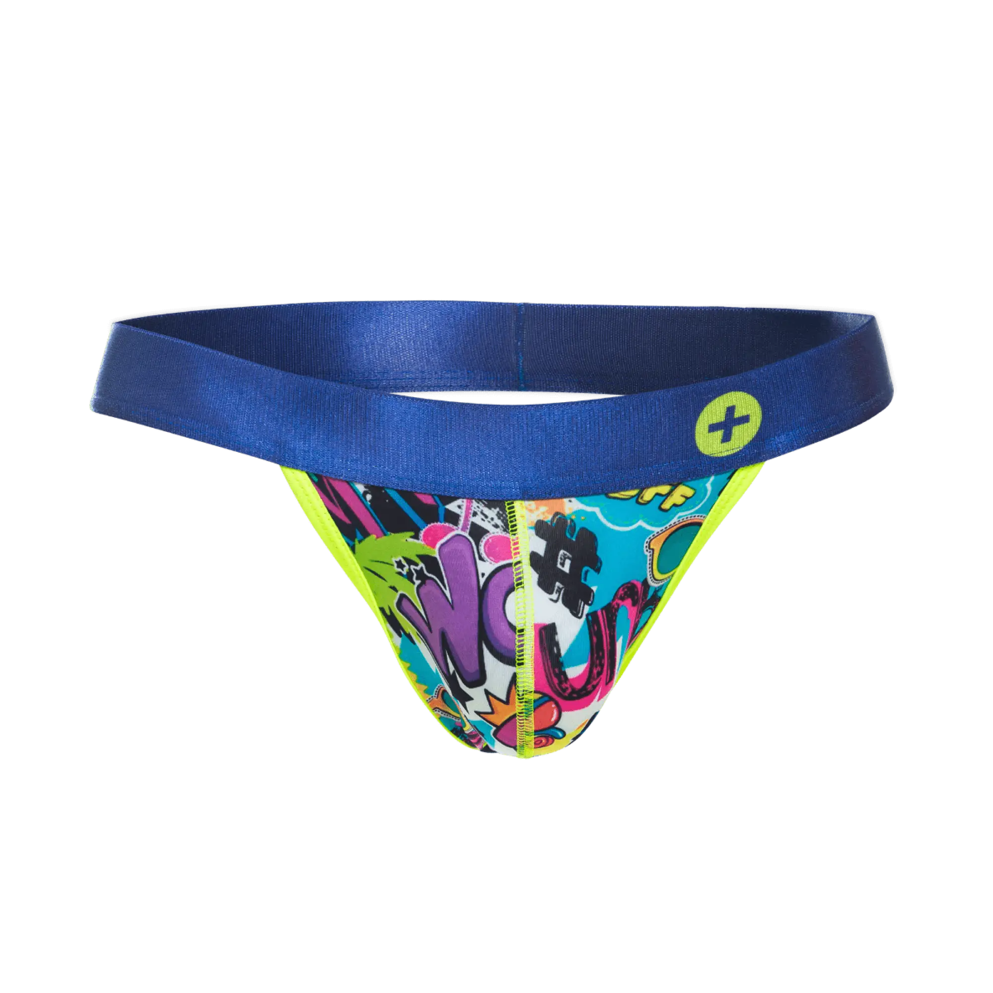 Malebasics hipster jockstrap with vibrant graffiti-style printed thong, solid blue waistband, and neon yellow trim