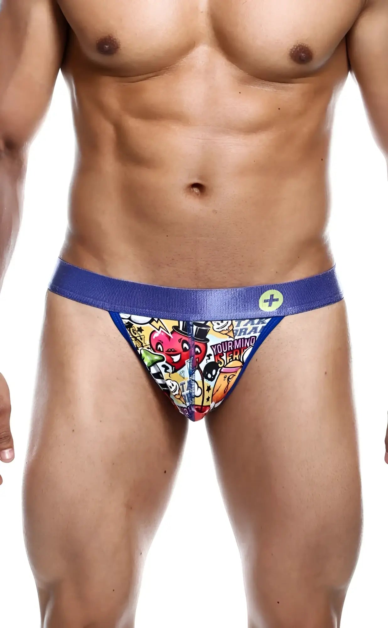 MaleBasics hipster thong comics in blue and multicolored graffiti design with satin-like waistband front view