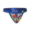 Malebasics hipster thong comics blue thong with vibrant cartoon print and text on yellow background front view