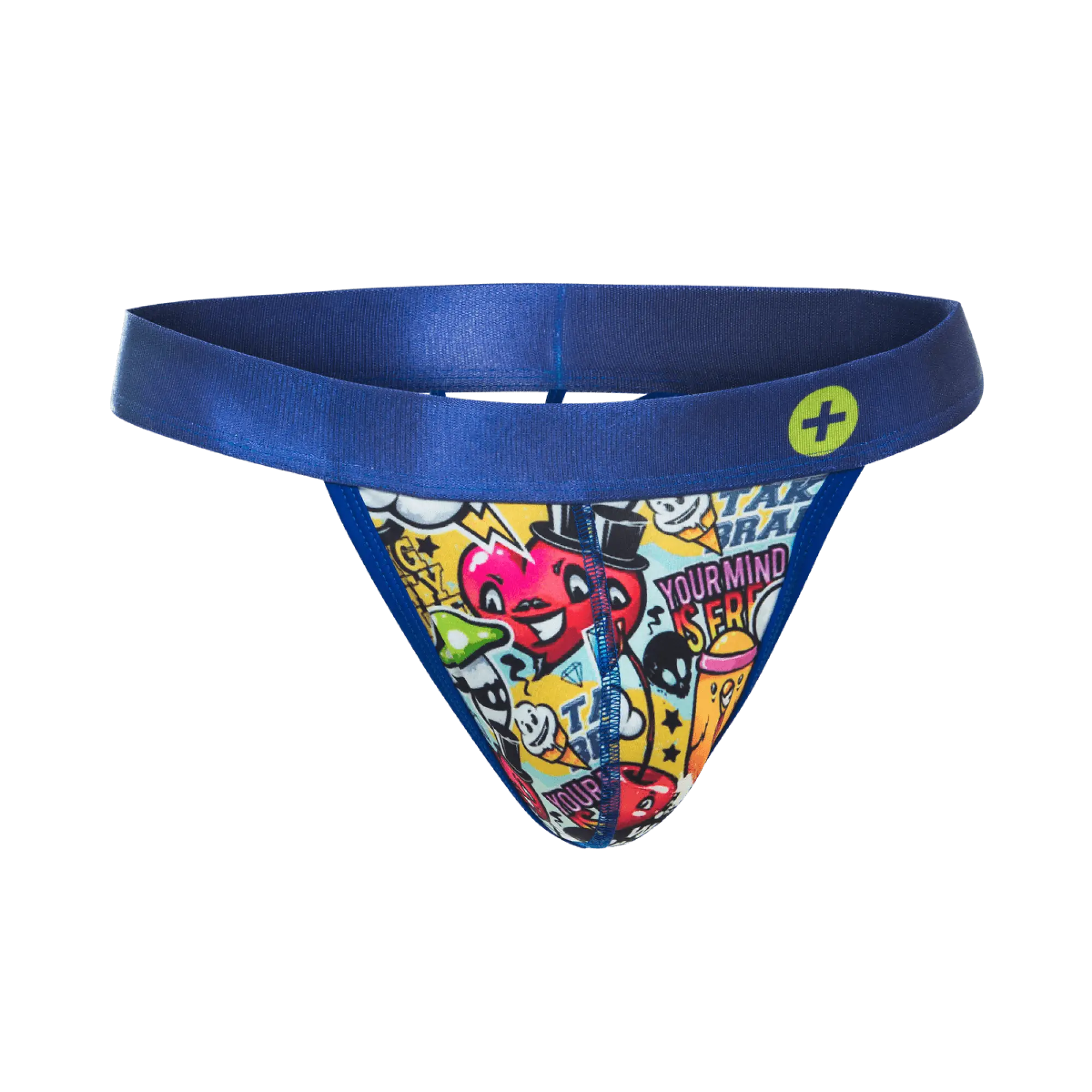 Blue malebasics hipster thong with vibrant cartoon print characters and text on yellow background