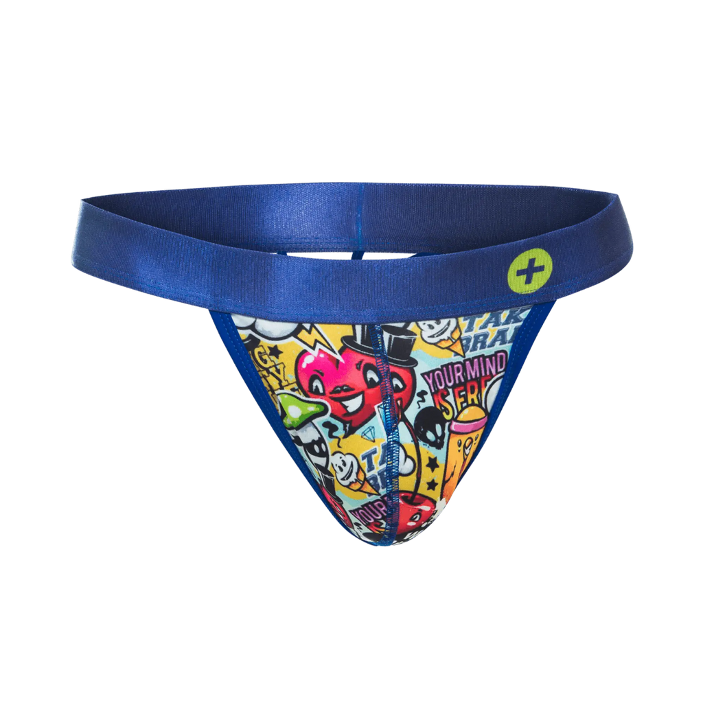 Malebasics hipster thong comics blue thong with vibrant cartoon-themed print on yellow background front view