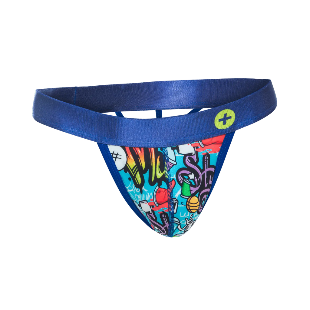 MaleBasics hipster thong blue with vibrant graffiti graphics and satin waistband featuring a yellow logo