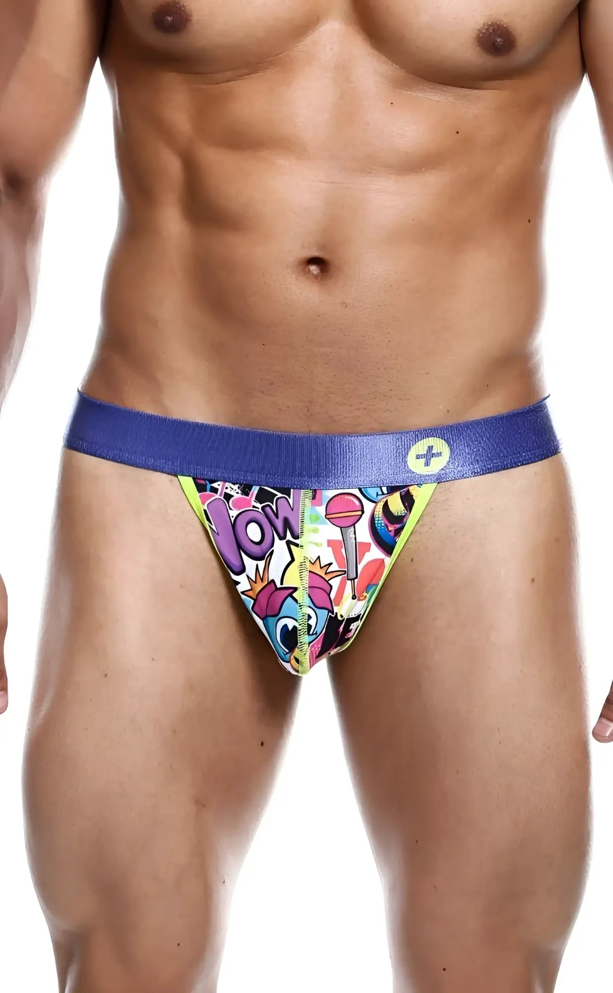 Malebasics hipster thong comics with vibrant comic-style print colorful cartoon graphics and bold blue waistband