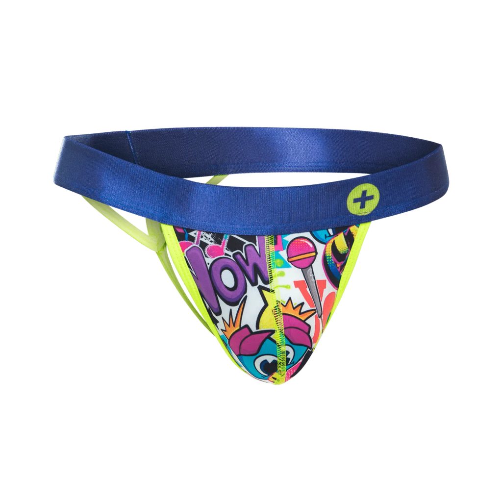 MaleBasics Hipster thong with vibrant comic-style print blue satin waistband and neon yellow trim for men