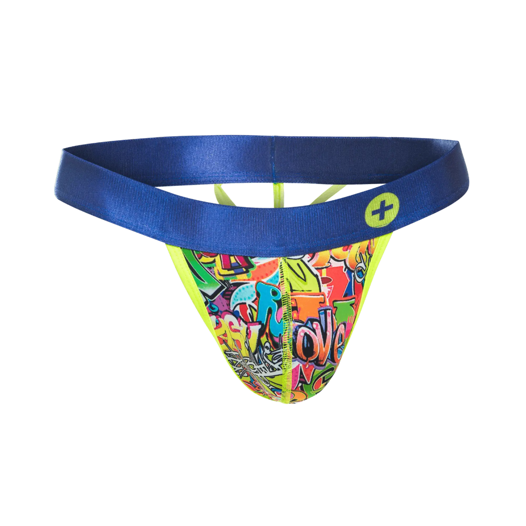 MaleBasics hipster thong comics features vibrant graffiti pattern with bold blue waistband and neon yellow trim