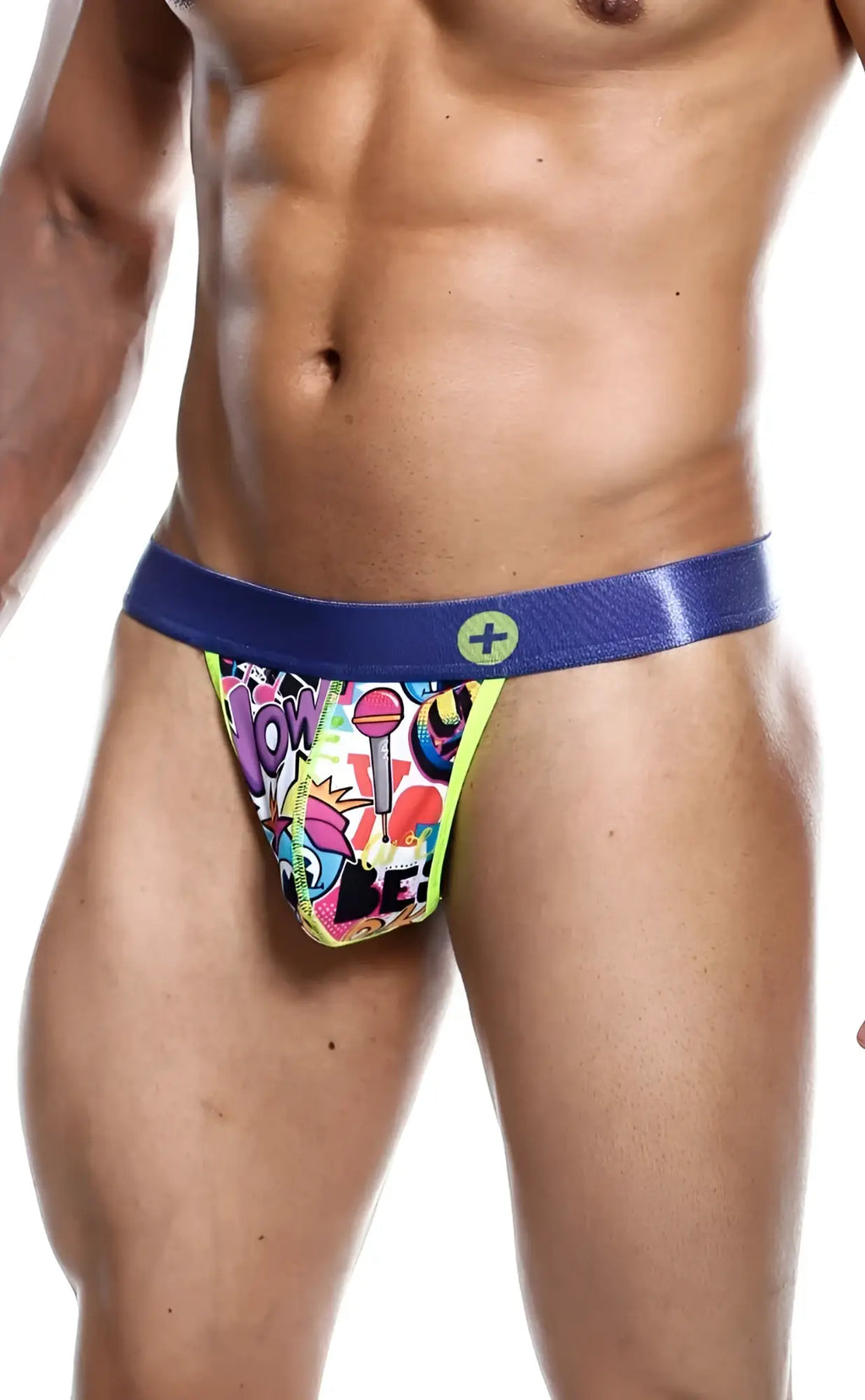 Malebasics hipster thong comics featuring vibrant graffiti style briefs with bold blue waistband and neon yellow trim