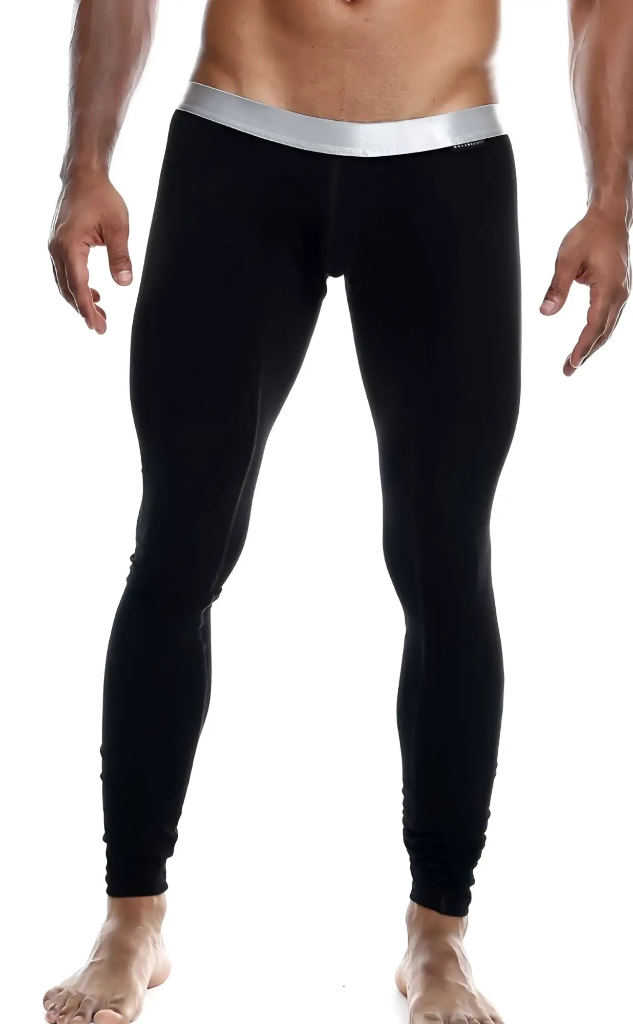 Black form-fitting malebasics long john pima leggings with silver waistband made from pima cotton for comfort