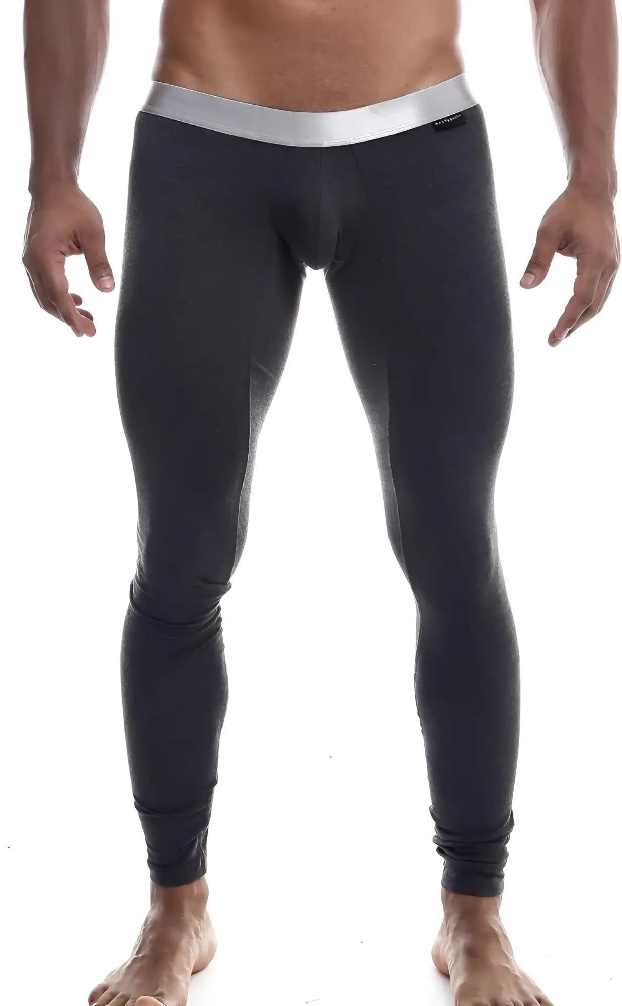 Black men’s compression tights with silver waistband made of pima cotton from malebasics long john line