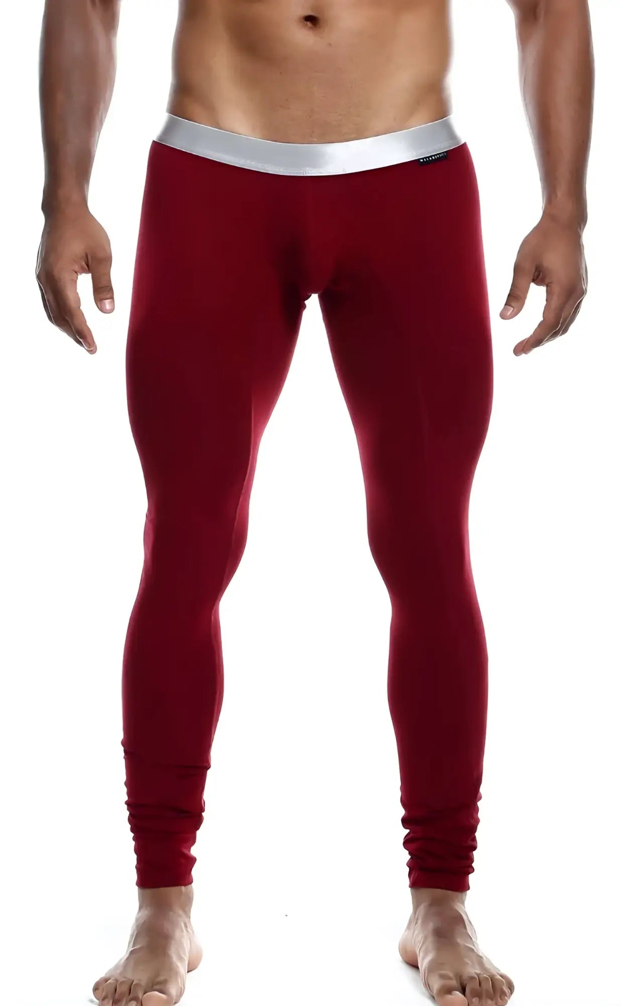 Red malebasics long john pima athletic leggings with silver waistband made from soft pima cotton