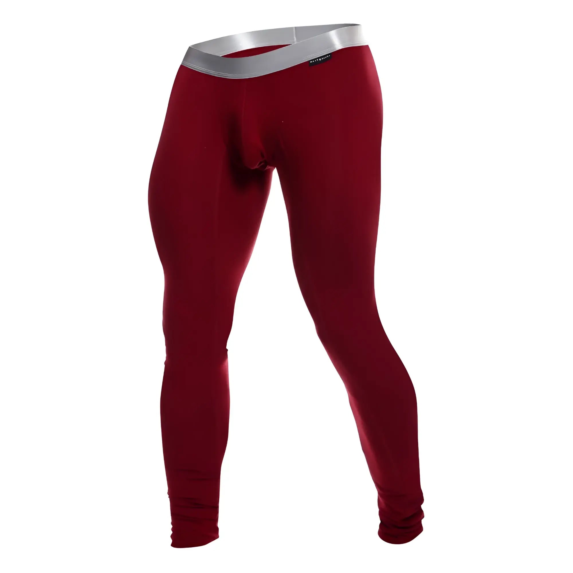 Red men’s compression tights malebasics long john pima with silver waistband made from pima cotton