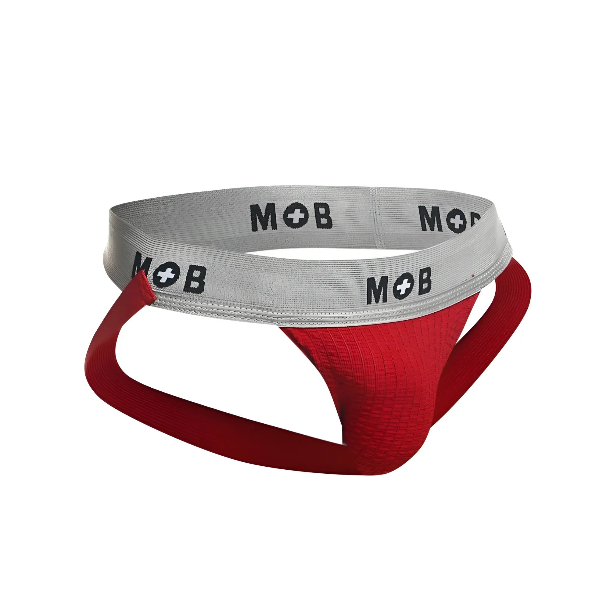 Red malebasics mbl107 mob classic fetish jockstrap with gray elastic waistband and black mob logo