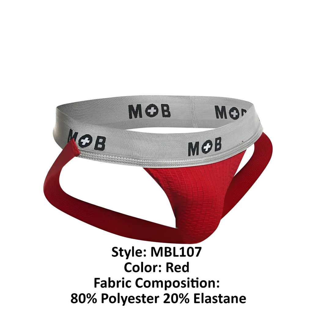 Red malebasics mbl107 mob classic fetish jockstrap with gray waistband and black mob branding in front view
