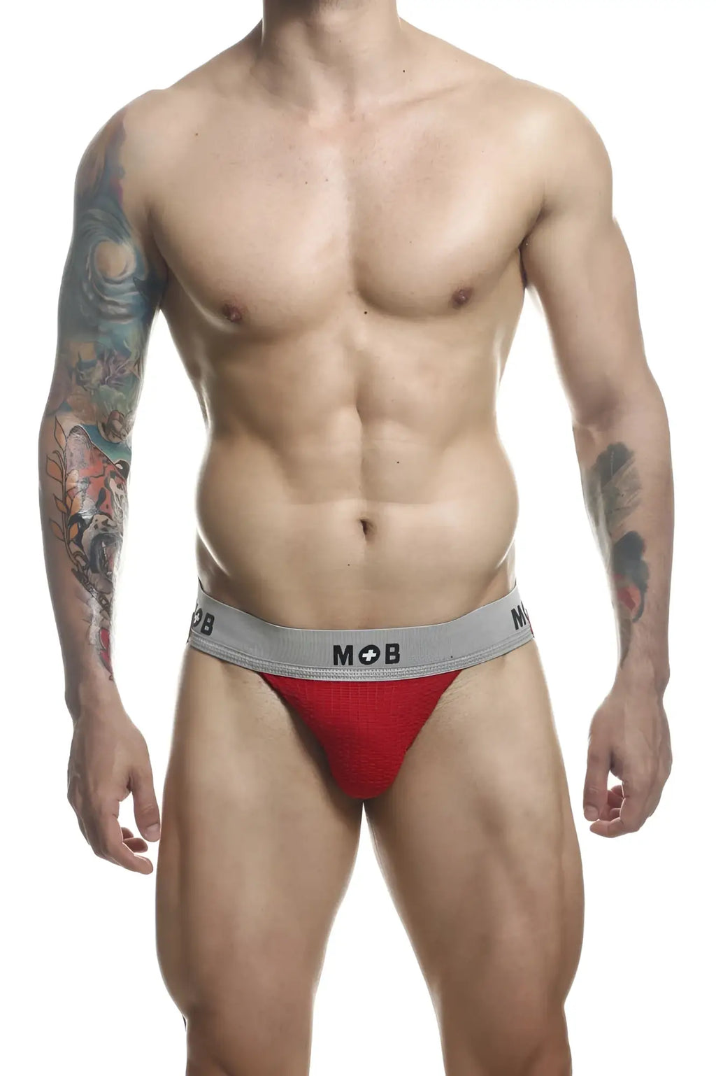 Red athletic briefs with gray mob logo waistband malebasics mbl107 classic fetish jockstrap for men
