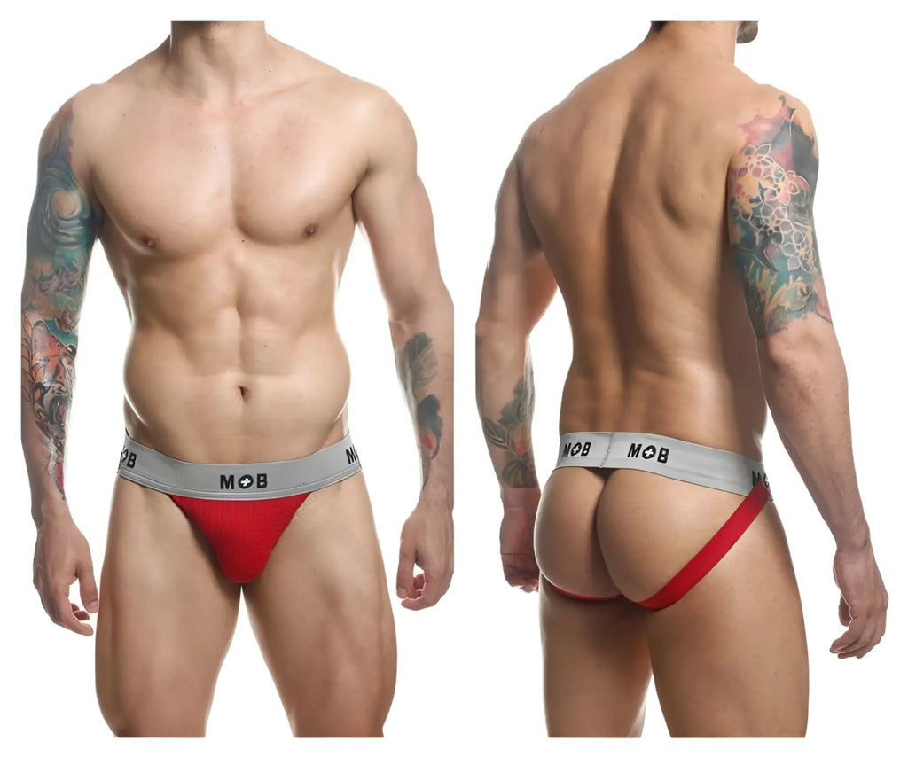 Malebasics mbl107 mob classic fetish jockstrap in red and gray with snug fit design and 3 inches waistband