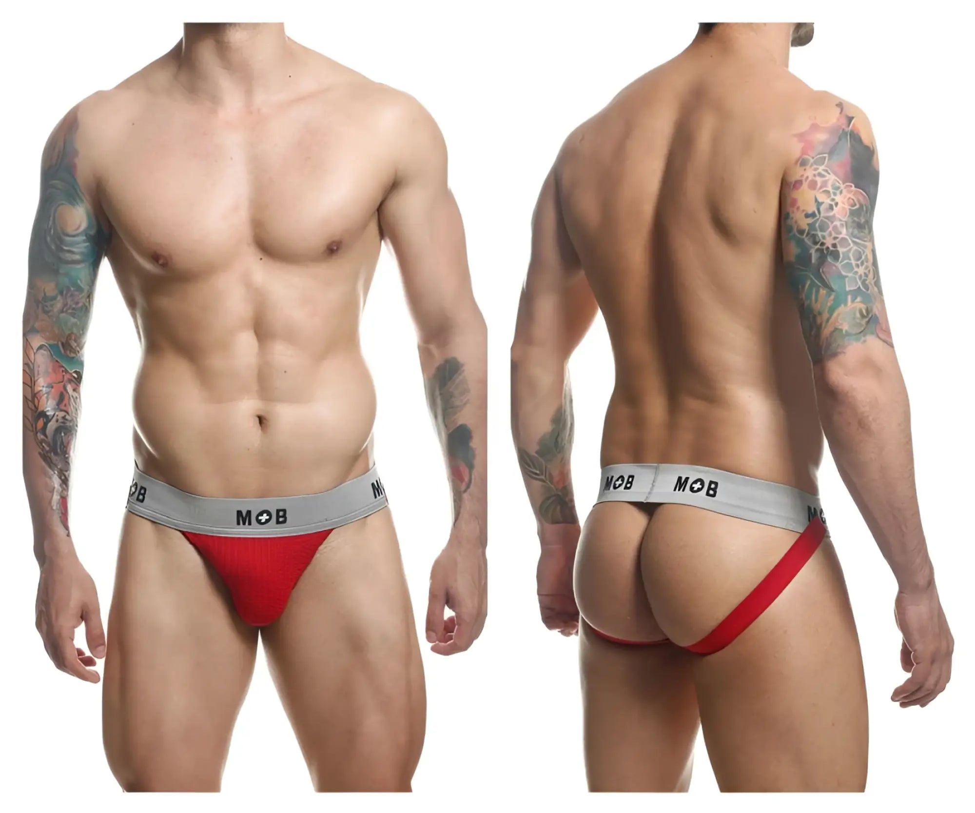 Malebasics mbl107 mob classic fetish jockstrap in red and gray with snug fit design and 3 inches waistband