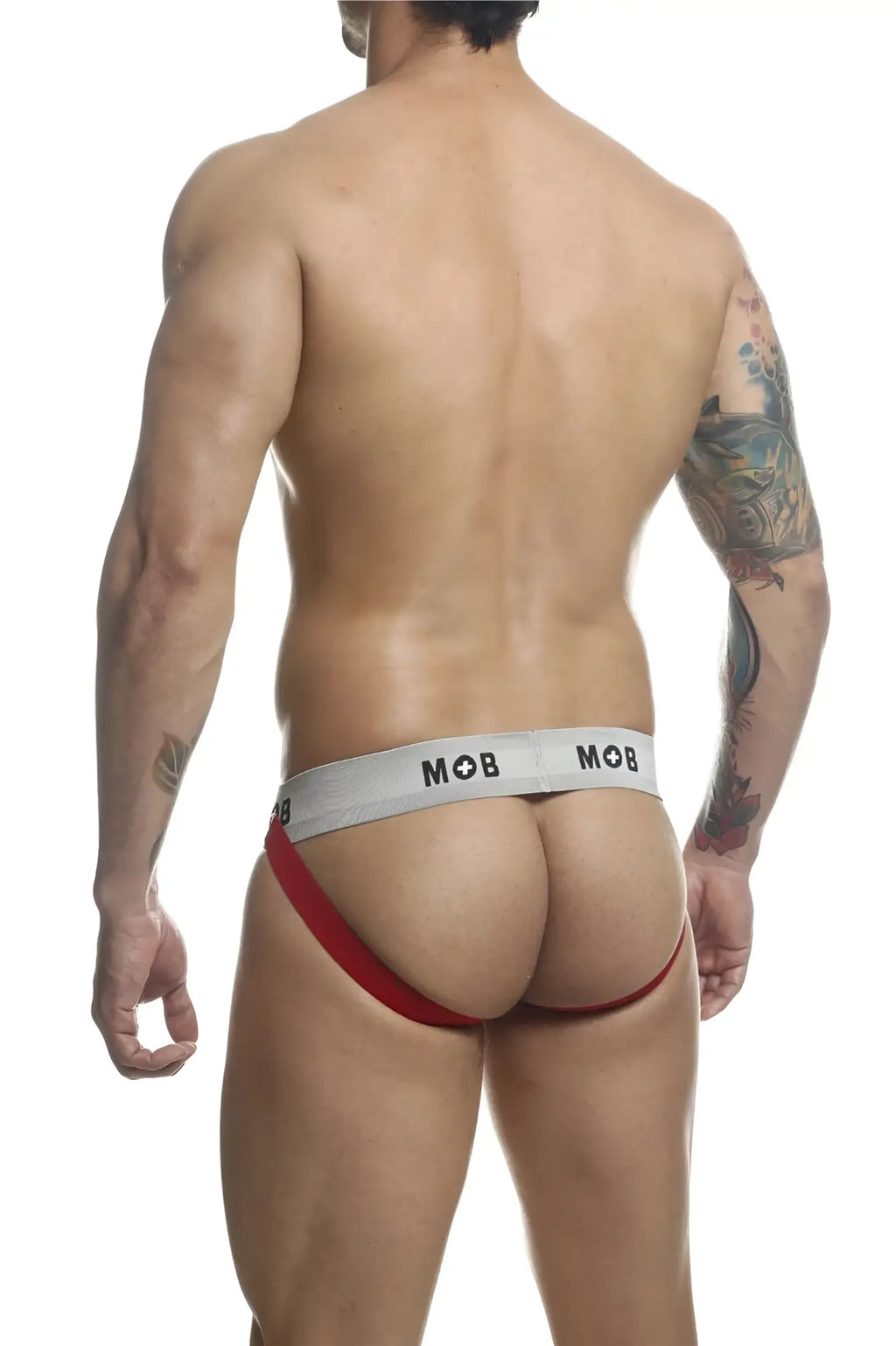 Red and gray malebasics mbl107 mob classic fetish jockstrap with 3 inch straps in red shown from the backside