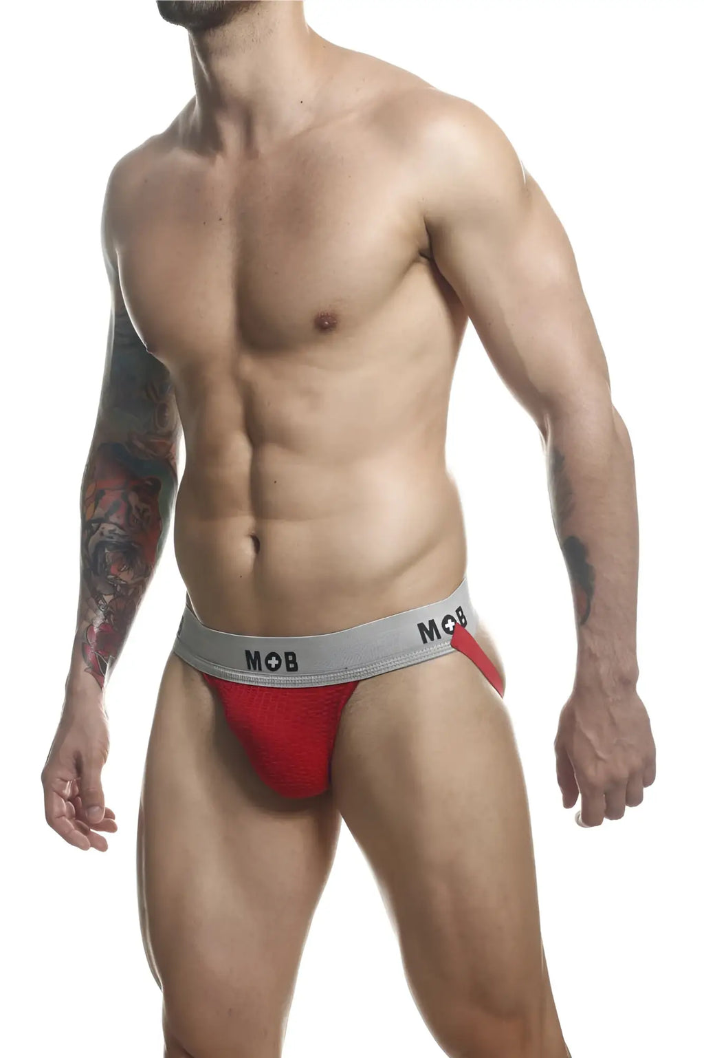 Red and gray mob classic fetish jockstrap briefs with a snug fit by malebasics in red color