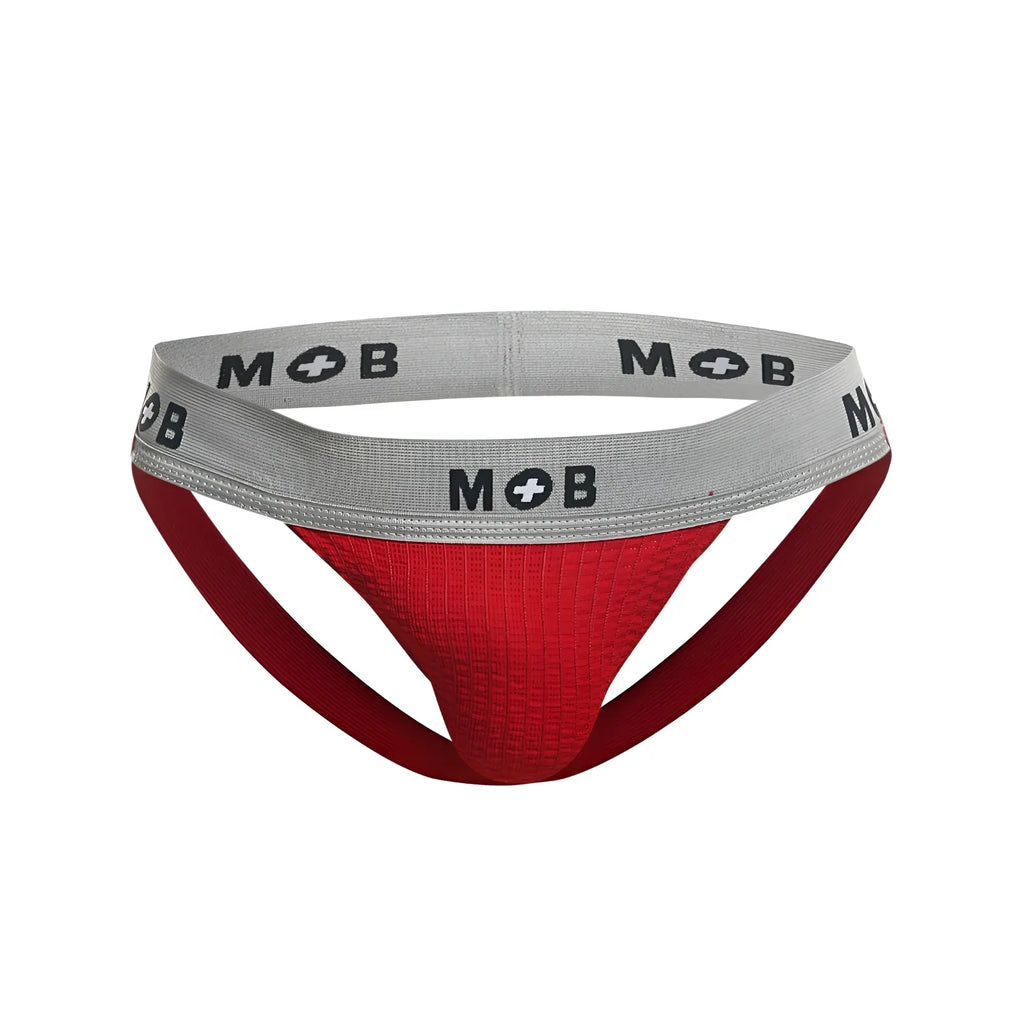 Malebasics mbl107 mob classic fetish jockstrap in red textured fabric with gray waistband and mob branding