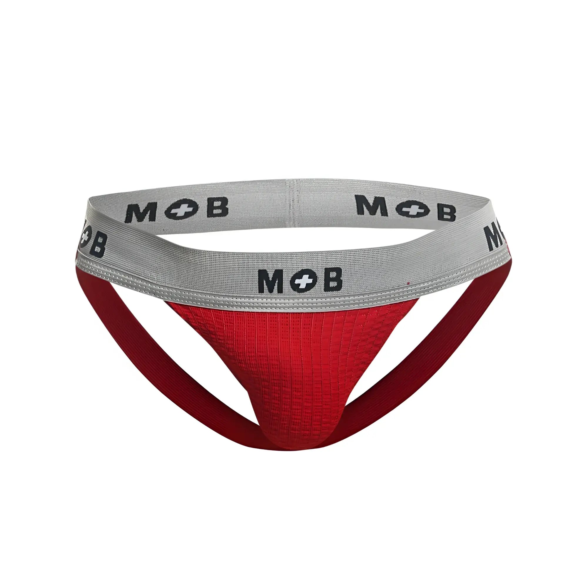 Malebasics mbl107 mob classic fetish jockstrap in red textured fabric with gray waistband and mob branding