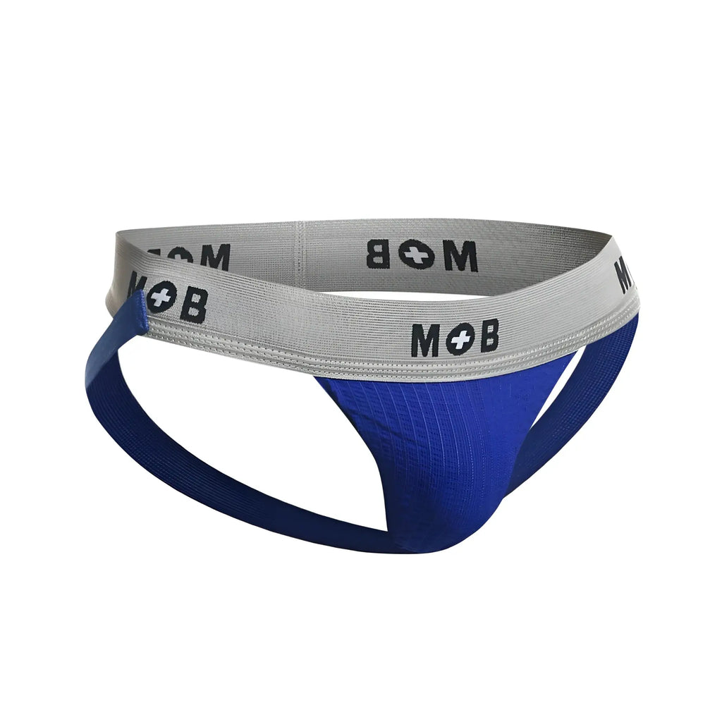 Blue and gray ribbed malebasics mbl107 mob classic fetish jockstrap in royal color with 3 inch straps