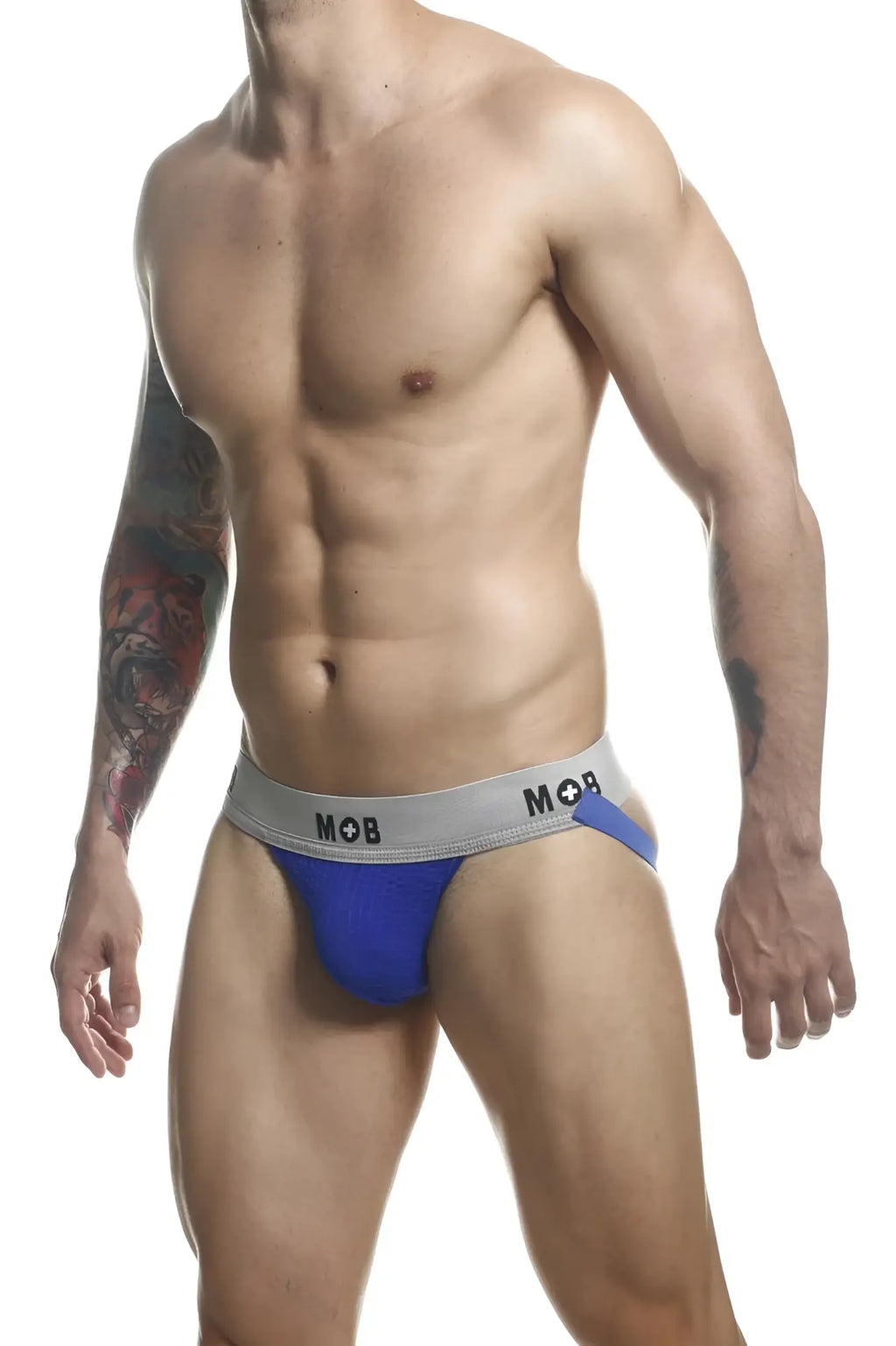 Malebasics mbl107 mob classic fetish jockstrap with blue and gray mob brand briefs and a snug fit in royal color