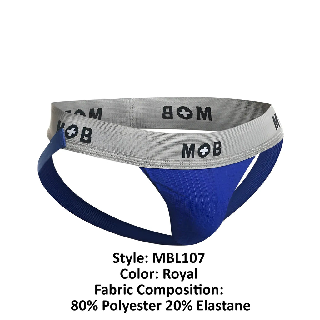 Malebasics mbl107 royal blue athletic brief with gray waistband and black mob branding designed as a 3 inch jockstrap