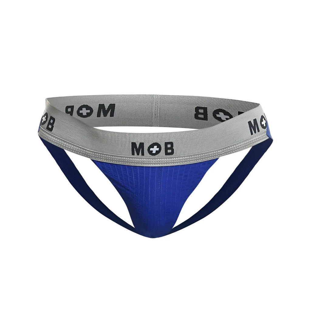 Blue and gray ribbed athletic briefs with mob logo on waistband from malebasics mbl107 mob classic fetish jockstrap royal