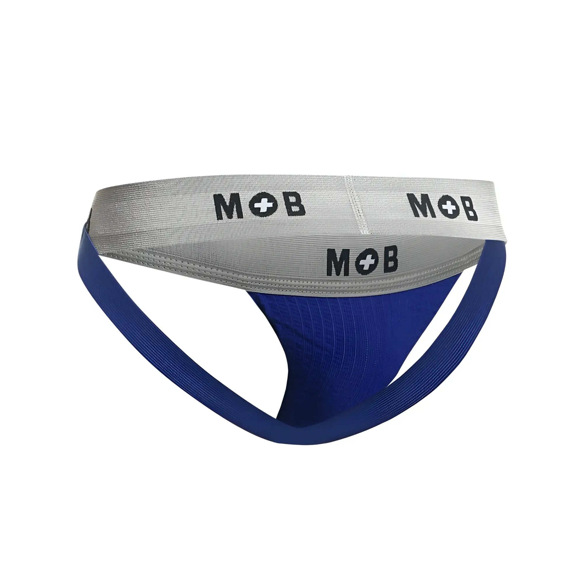 Blue malebasics mbl107 mob classic fetish jockstrap with gray waistband and mob logo in black color royal