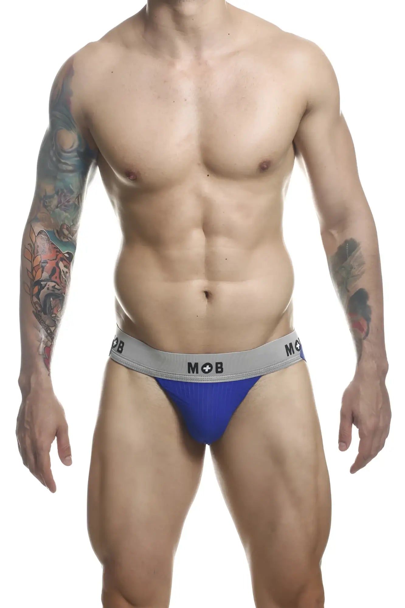 Blue and gray malebasics mbl107 mob classic fetish jockstrap with a snug fit and 3 inches royal color waistband