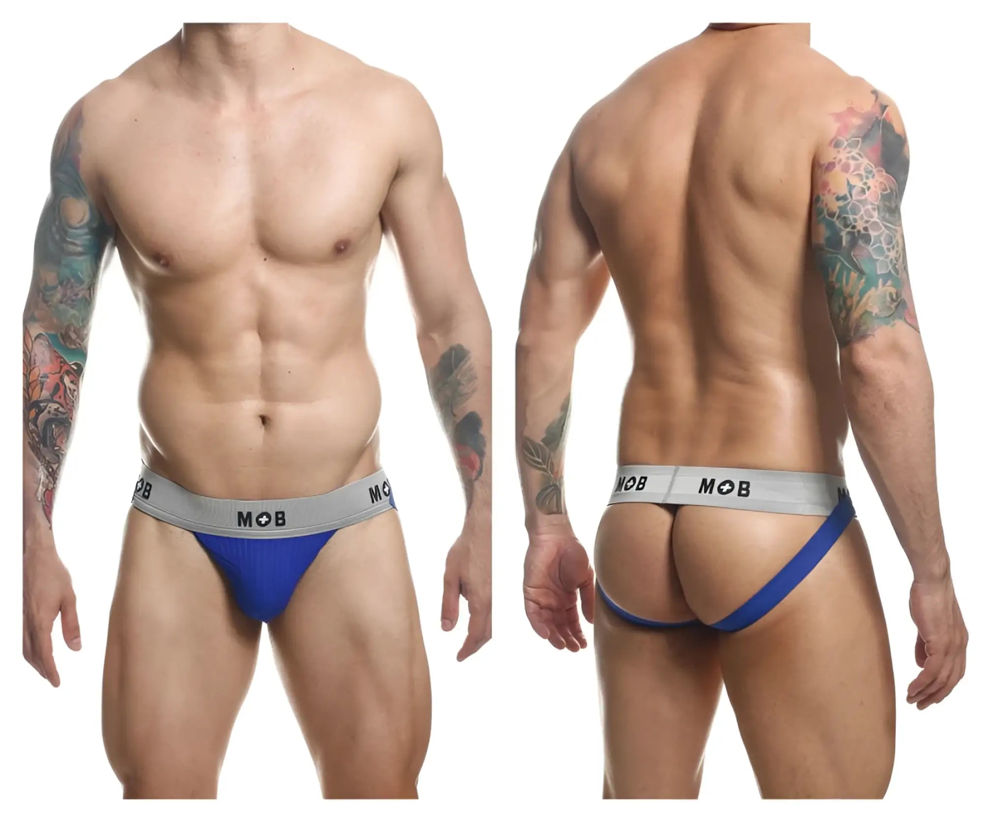 Malebasics mbl107 mob classic fetish jockstrap in royal blue and gray with snug fit design and 3 inch waistband