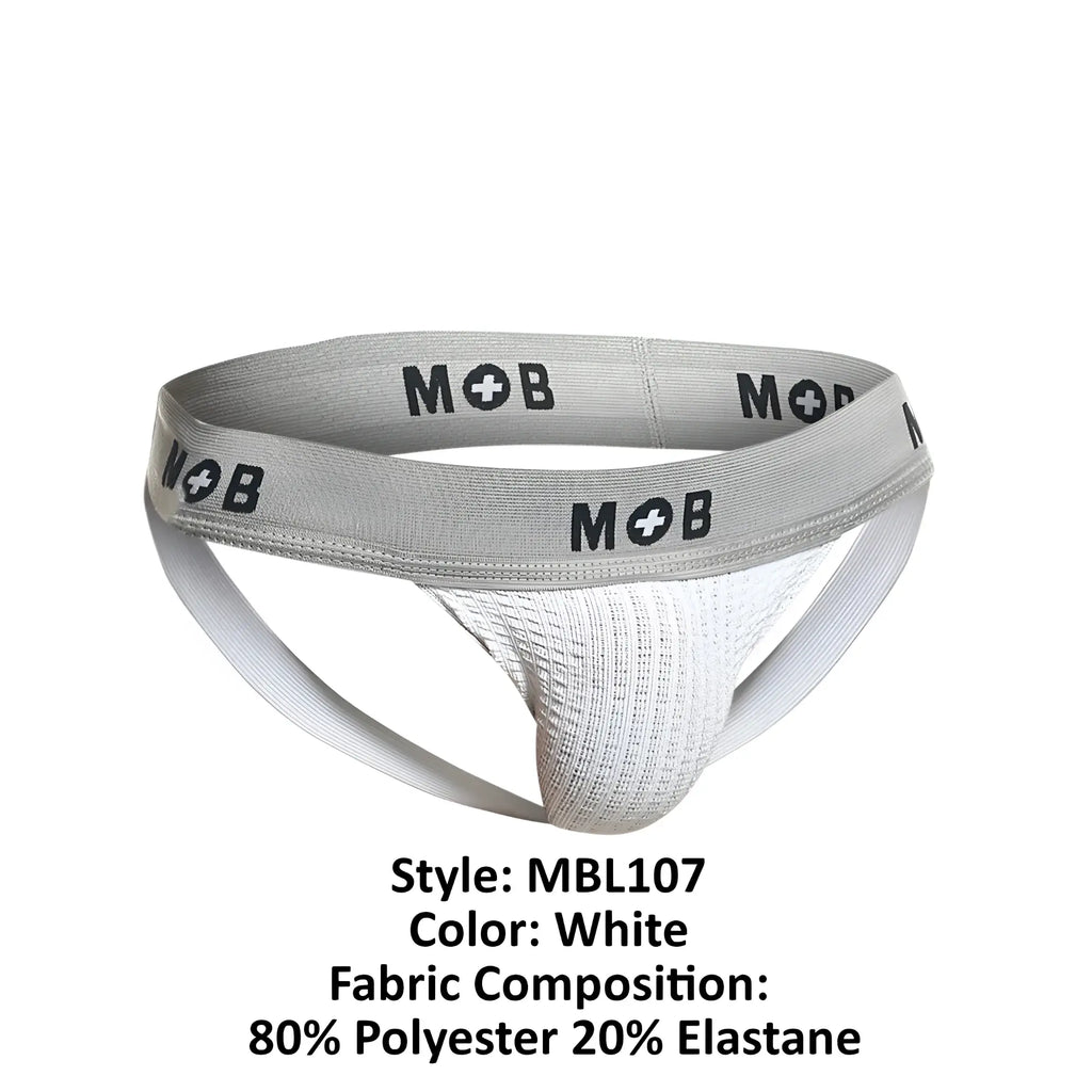 White malebasics mbl107 mob classic fetish jockstrap with gray mob logo waistband made from polyester and elastane