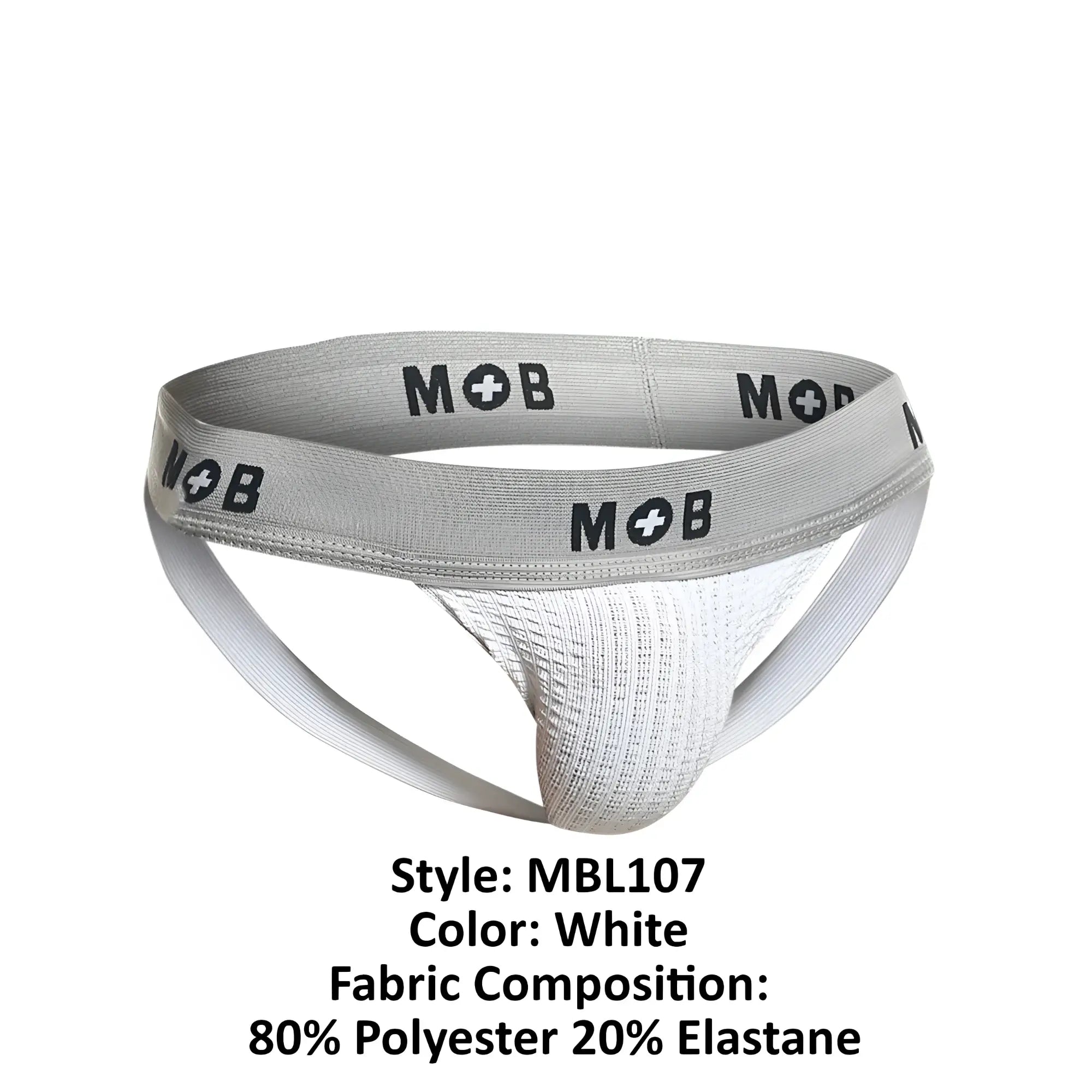 White malebasics mbl107 mob classic fetish jockstrap with gray mob logo waistband made from polyester and elastane