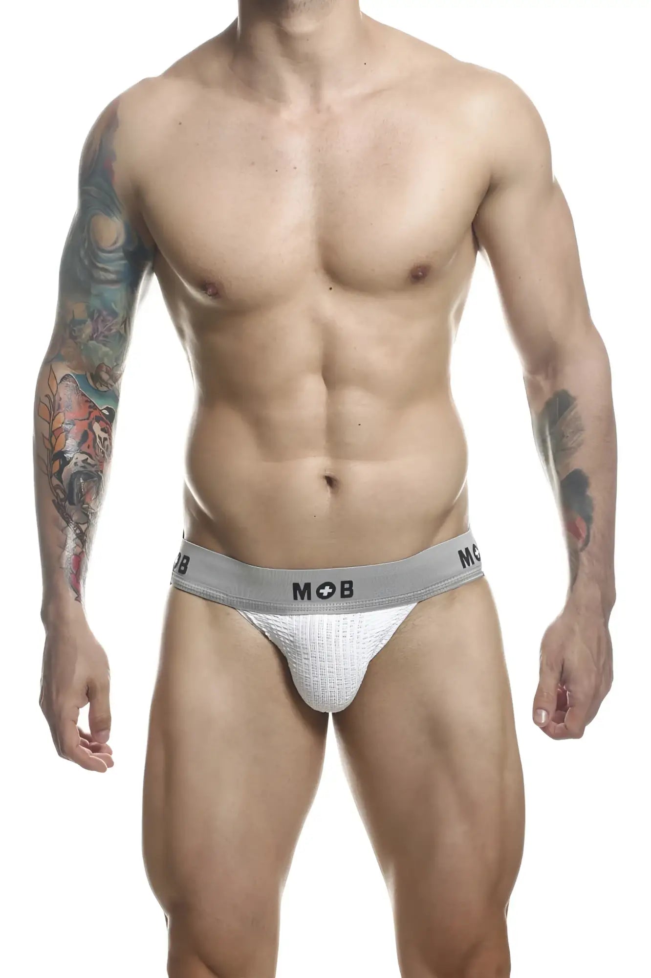 White textured briefs with gray mob logo waistband from malebasics mbl107 mob classic fetish jockstrap in white