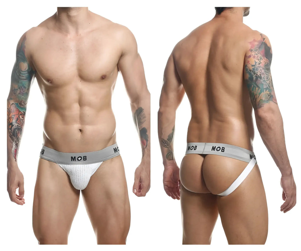 White textured malebasics mbl107 mob classic fetish jockstrap with gray waistband and mob branding front view