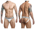 White textured malebasics mbl107 mob classic fetish jockstrap with gray waistband and mob branding front view