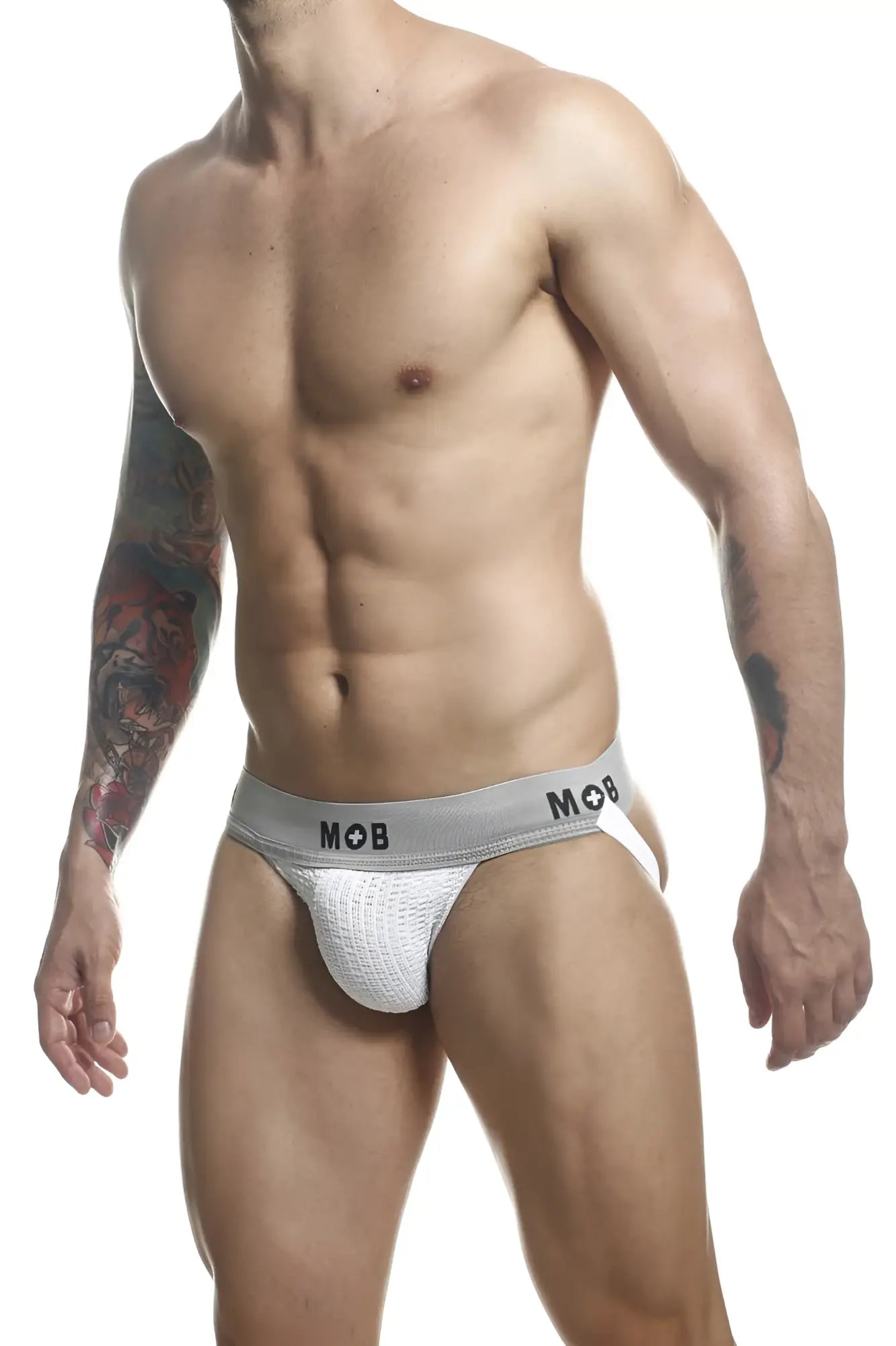 Malebasics mbl107 mob classic fetish jockstrap in white textured mesh with gray waistband featuring mob branding
