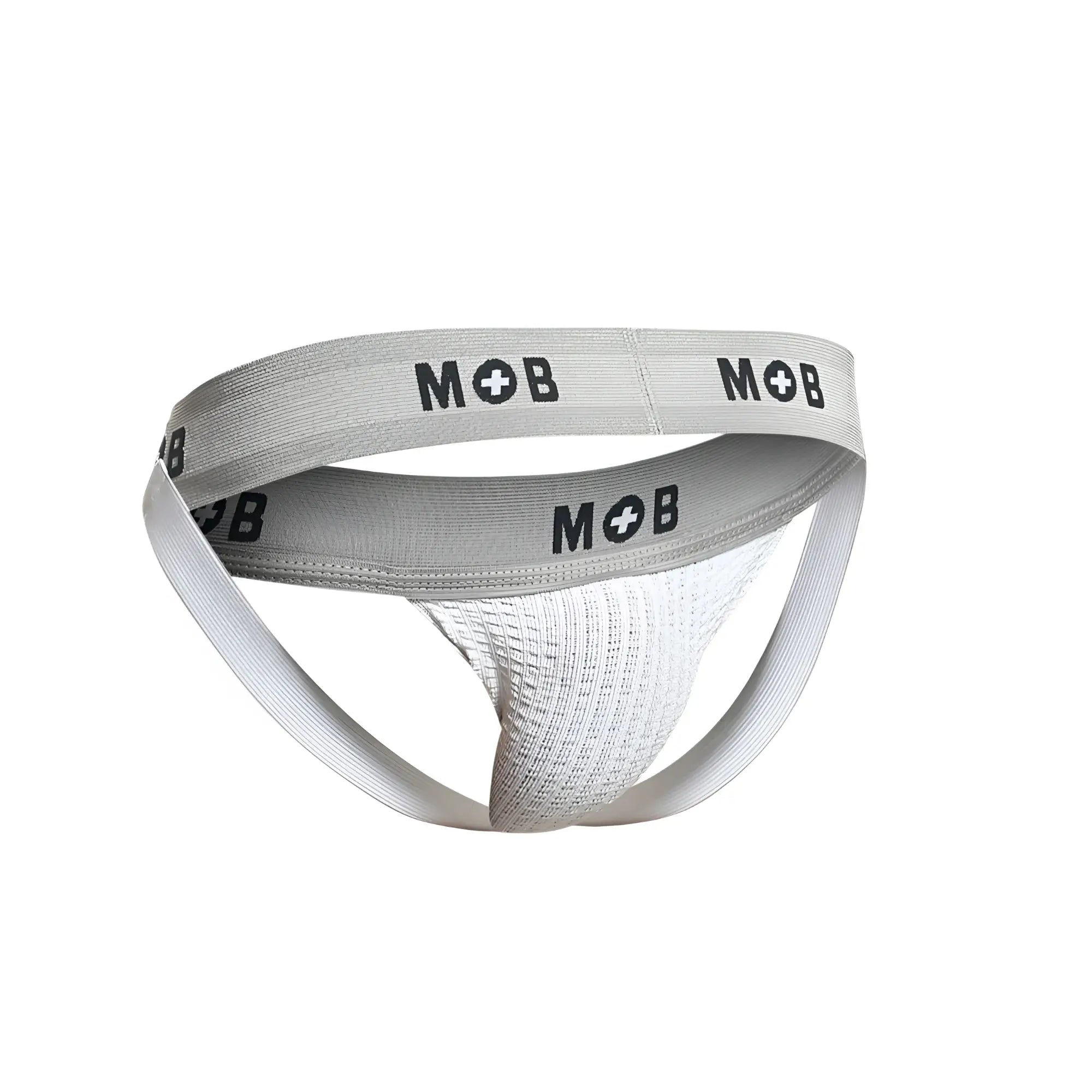Gray and white malebasics mob classic fetish 3 inches athletic jockstrap with textured front panel and mob logo waistband