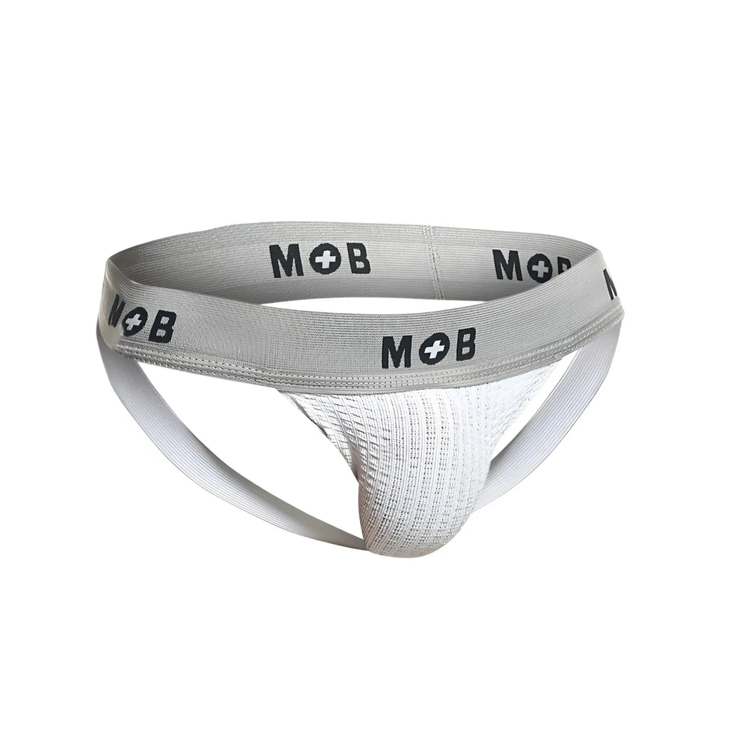 Gray mob brand athletic briefs with textured white interior and elastic waistband featuring mob logo in white color