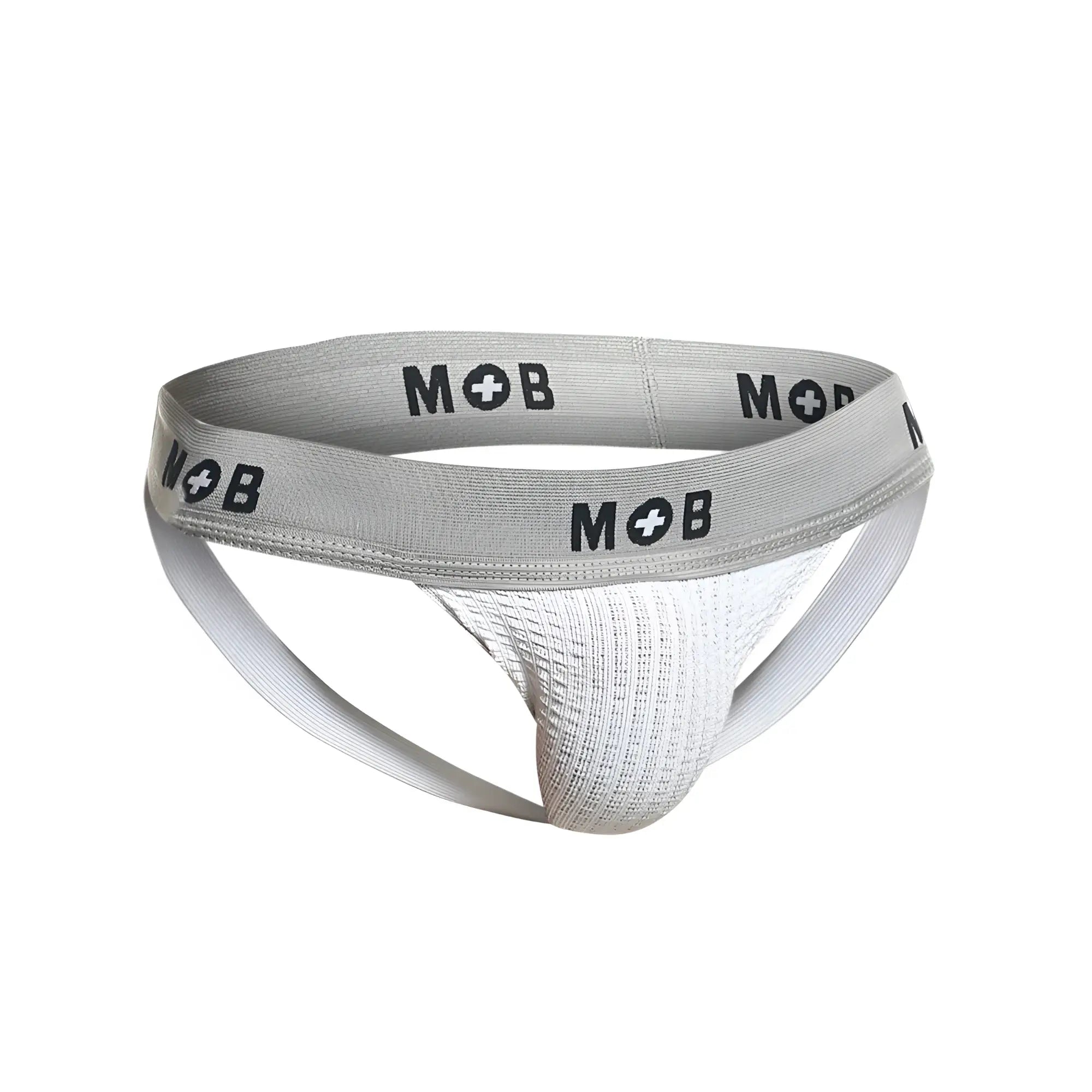 Gray mob brand athletic briefs with textured white interior and elastic waistband featuring mob logo in white color