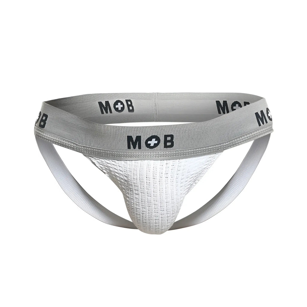 Gray and white malebasics mbl107 mob classic fetish jockstrap with textured front panel in white color