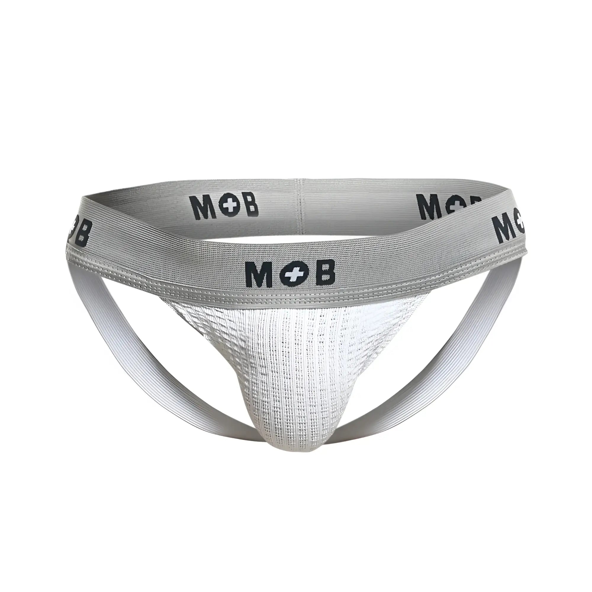 Gray and white malebasics mbl107 mob classic fetish jockstrap with textured front panel in white color