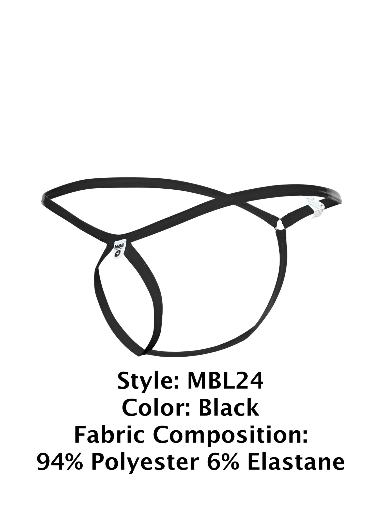 Black malebasics mbl24 tear drop thong with crisscross design and adjustable straps made of polyester and elastane