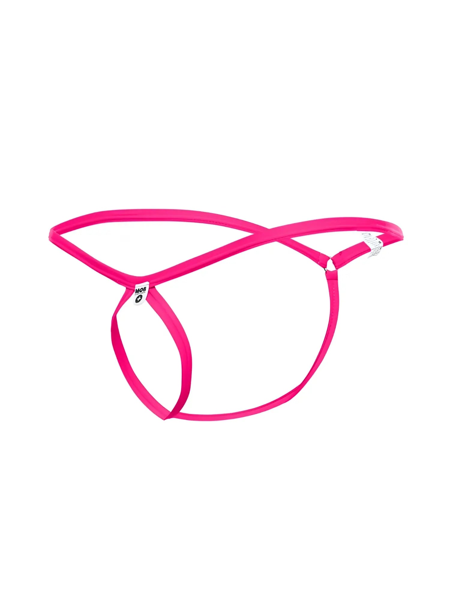 Malebasics mbl24 tear drop thong in bright pink with thin straps a white plastic buckle and brand tag visible