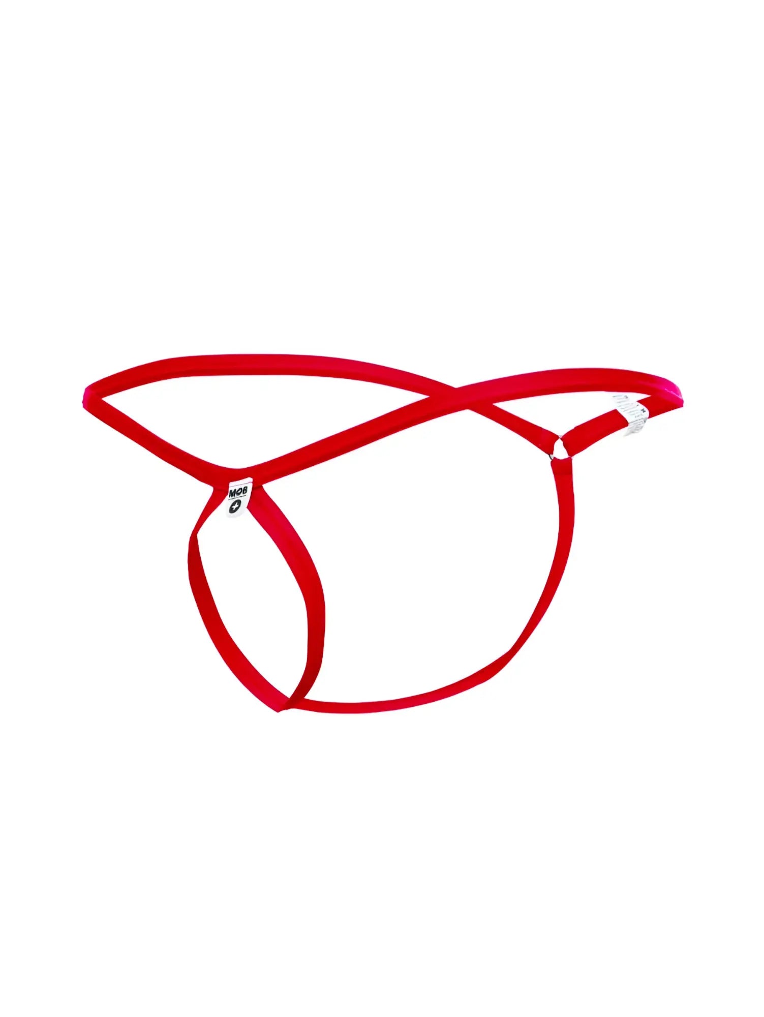 Malebasics mbl24 tear drop thong in red with crisscross design and white plastic buckle front view