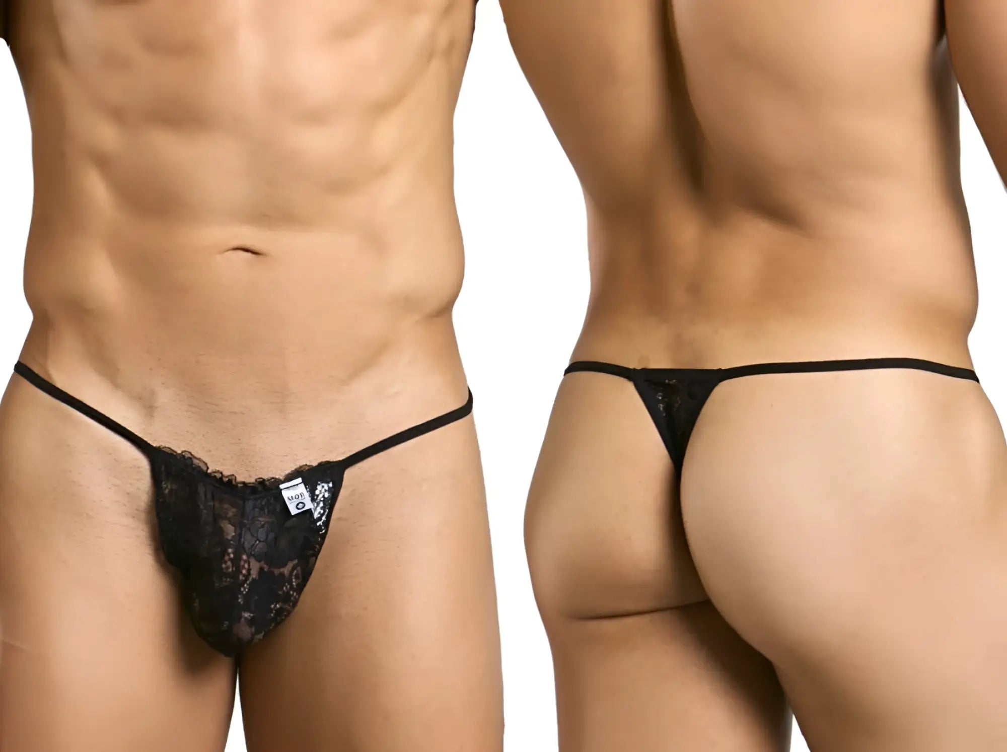 Malebasics mbl27 black lace thong with thin elastic straps and small white tag at the front