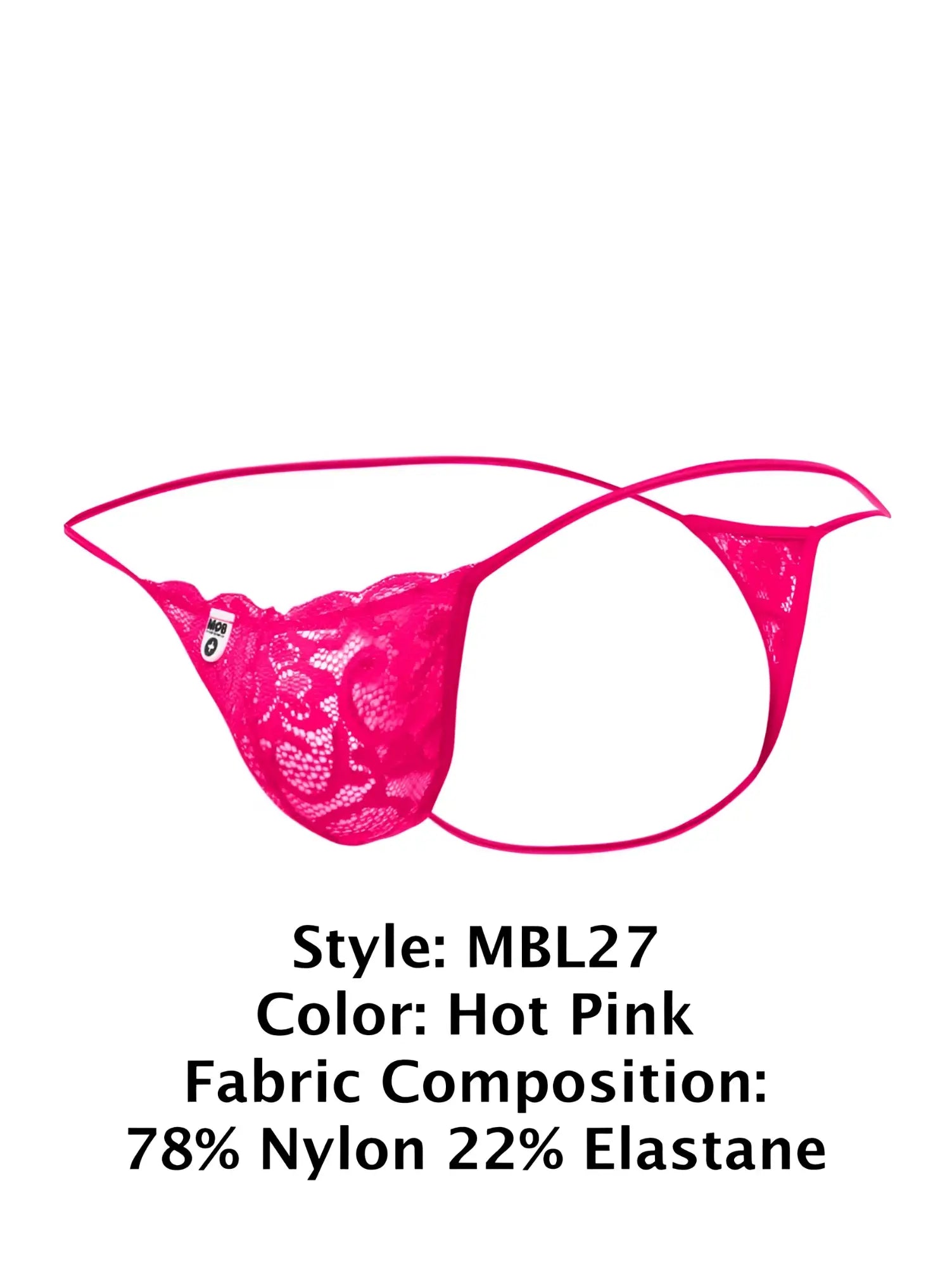 MaleBasics MBL27 hot pink lace thong with thin elastic straps and sheer patterned fabric for men
