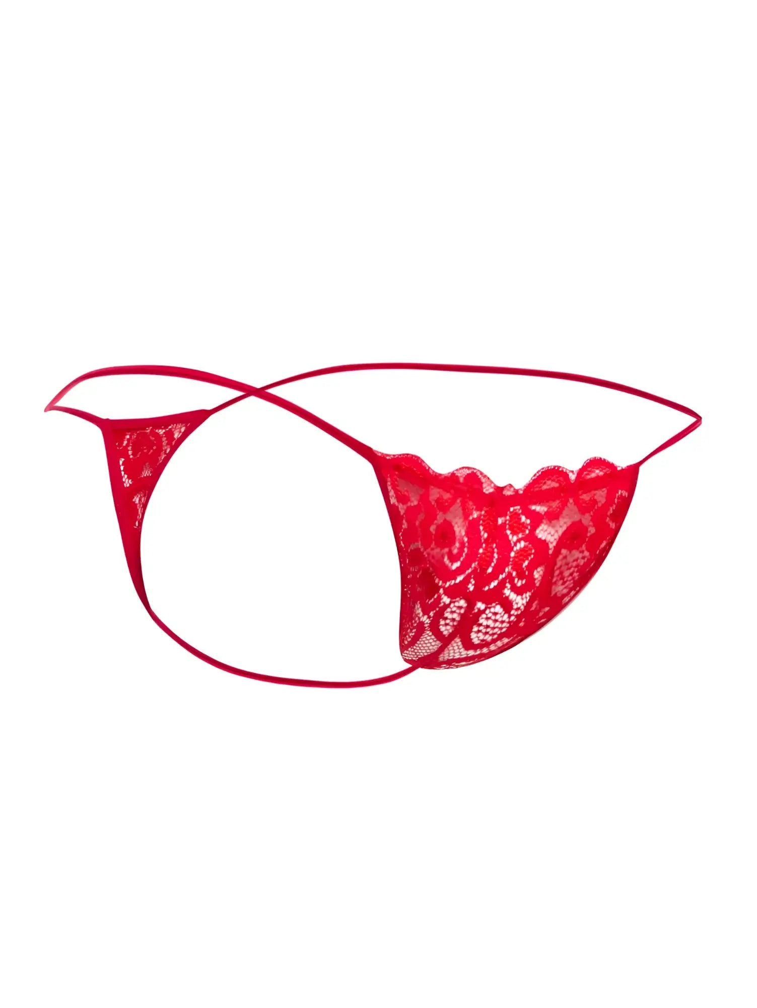 Malebasics mbl27 red lace thong featuring intricate floral patterns and thin matching elastic straps for men