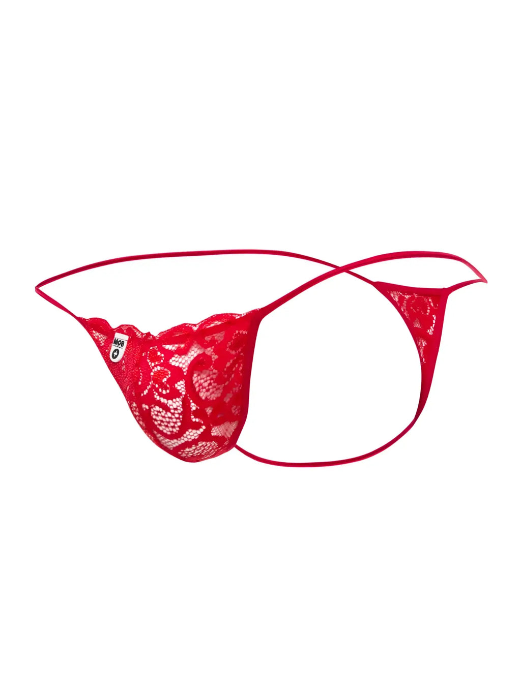 Malebasics mbl27 red lace thong featuring intricate floral patterns and thin matching elastic straps in front view