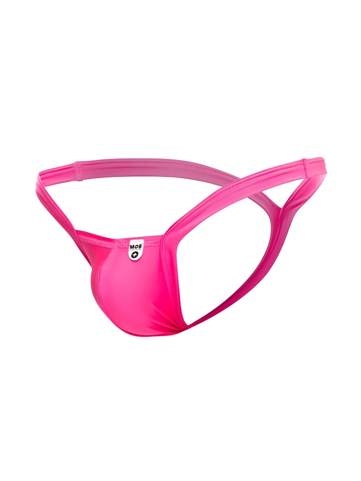Bright pink malebasics mbl52 y buns thong shown from the back with sleek form-fitting fabric and crisscross design