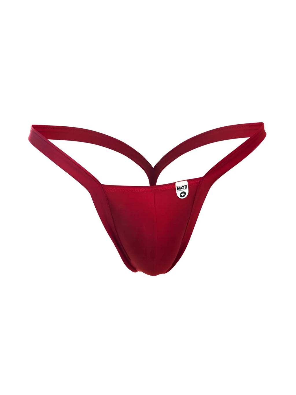 Malebasics mbl52 y buns thong in red featuring a sleek form-fitting design with thin supportive straps shown from back